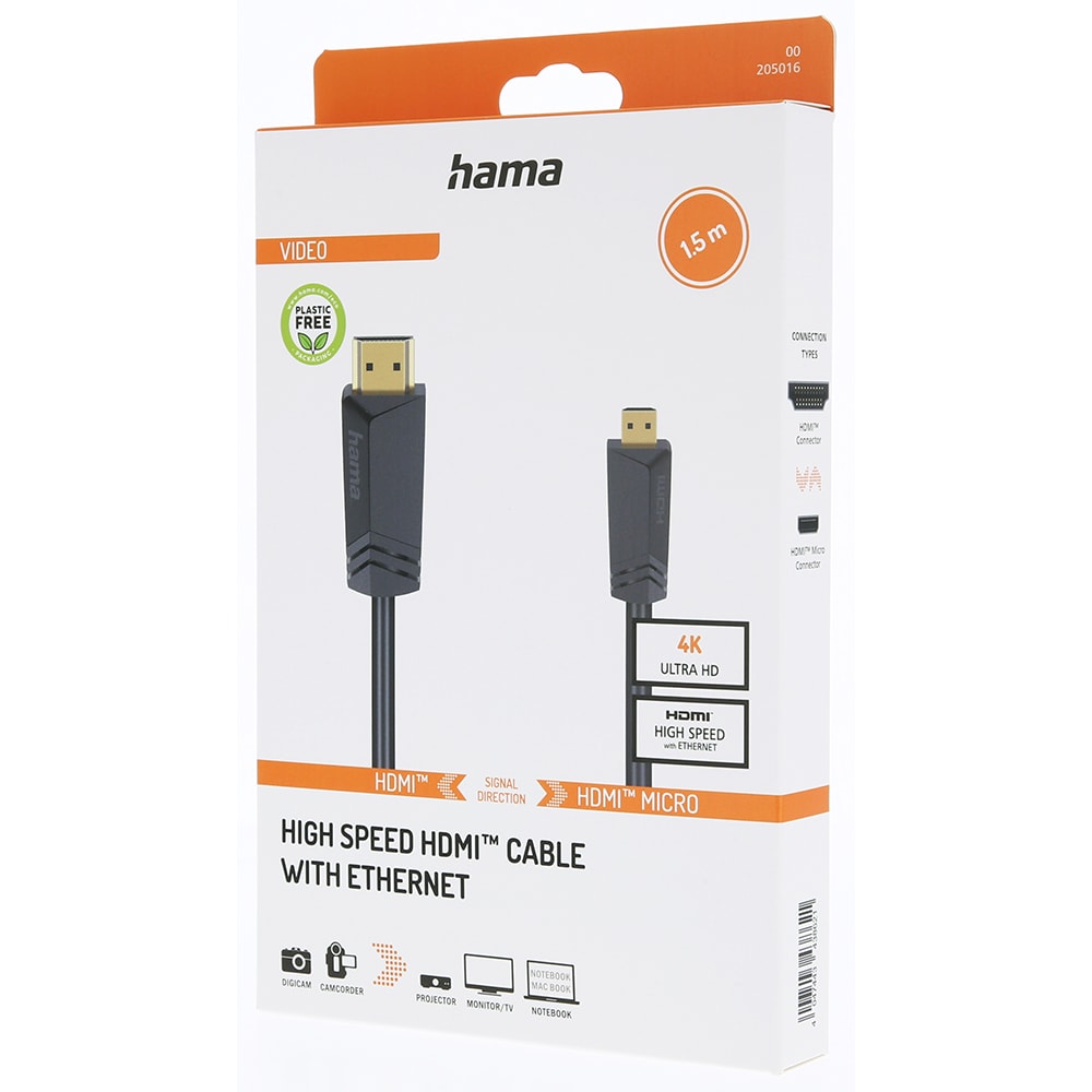 Cablu HDMI - micro HDMI Ethernet HAMA 205016, 1.5m, 4K, placat aur, negru