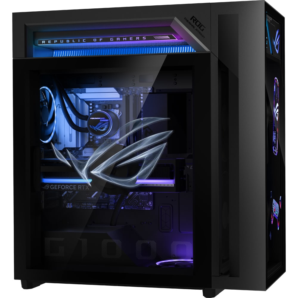 Sistem Desktop PC ASUS DT ROG GM1000TY-R9950X0210, AMD Ryzen 9 9950X3D pana la 5.3GHz, 64GB, SSD 4TB, NVIDIA GeForce RTX 5080 16GB, Free DOS