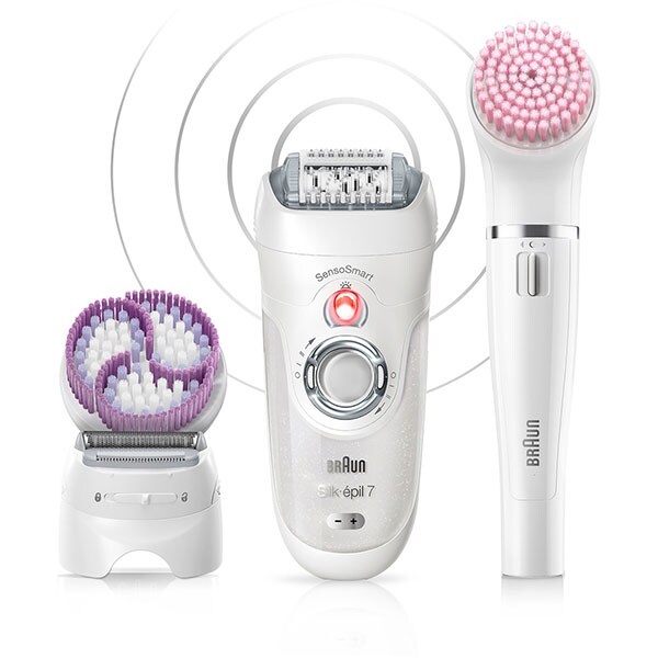 Epilator BRAUN Silk-epil 7 Beauty SET 7-895, 40 pensete, 2 viteze, 8 accesorii, baterii, alb