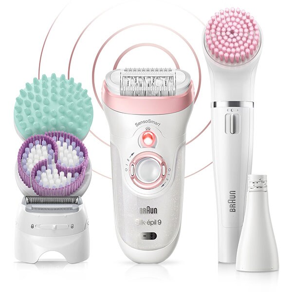 Epilator BRAUN Silk-epil 9 Beauty SET 9-995, 40 pensete, 2 viteze, 9 accesorii, baterii, alb-roz
