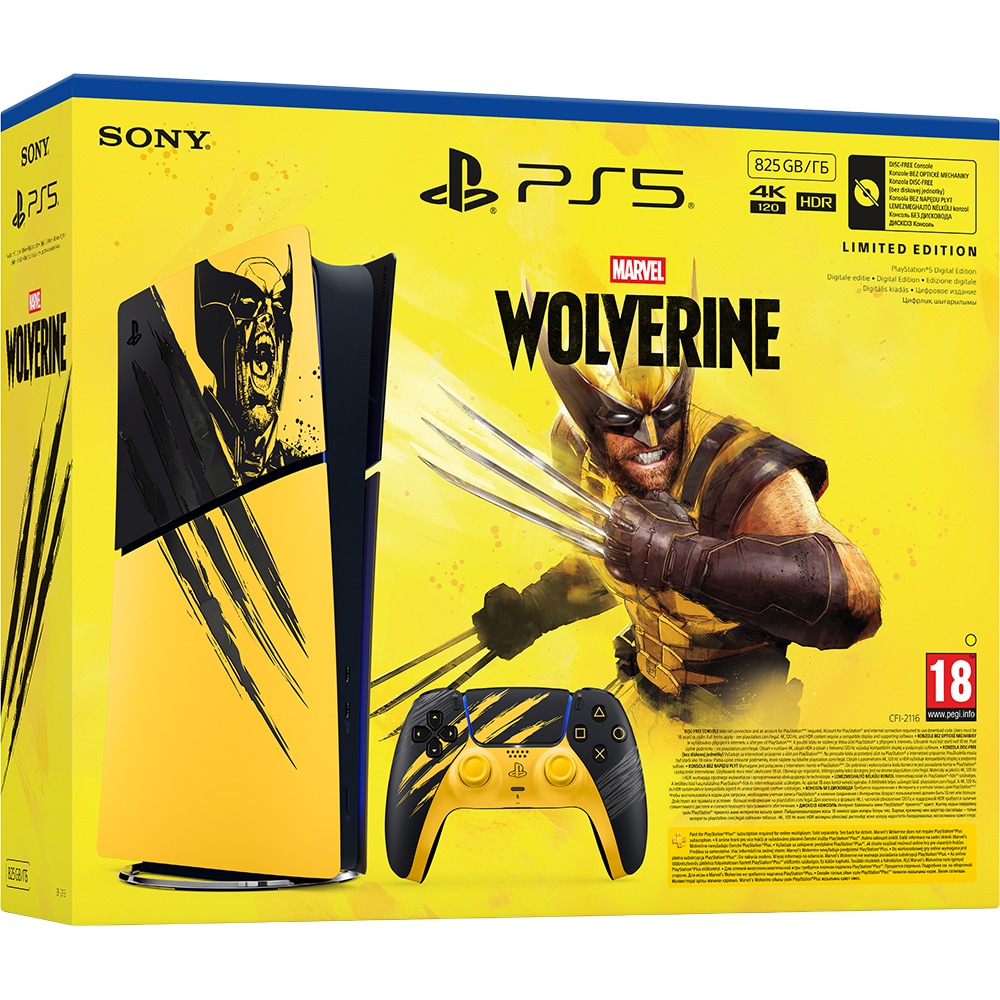 Consola PlayStation 5 Slim Digital Edition (PS5) 825GB, E-Chassis, Marvels Wolverine Battle Yellow Limited Edition Bundle