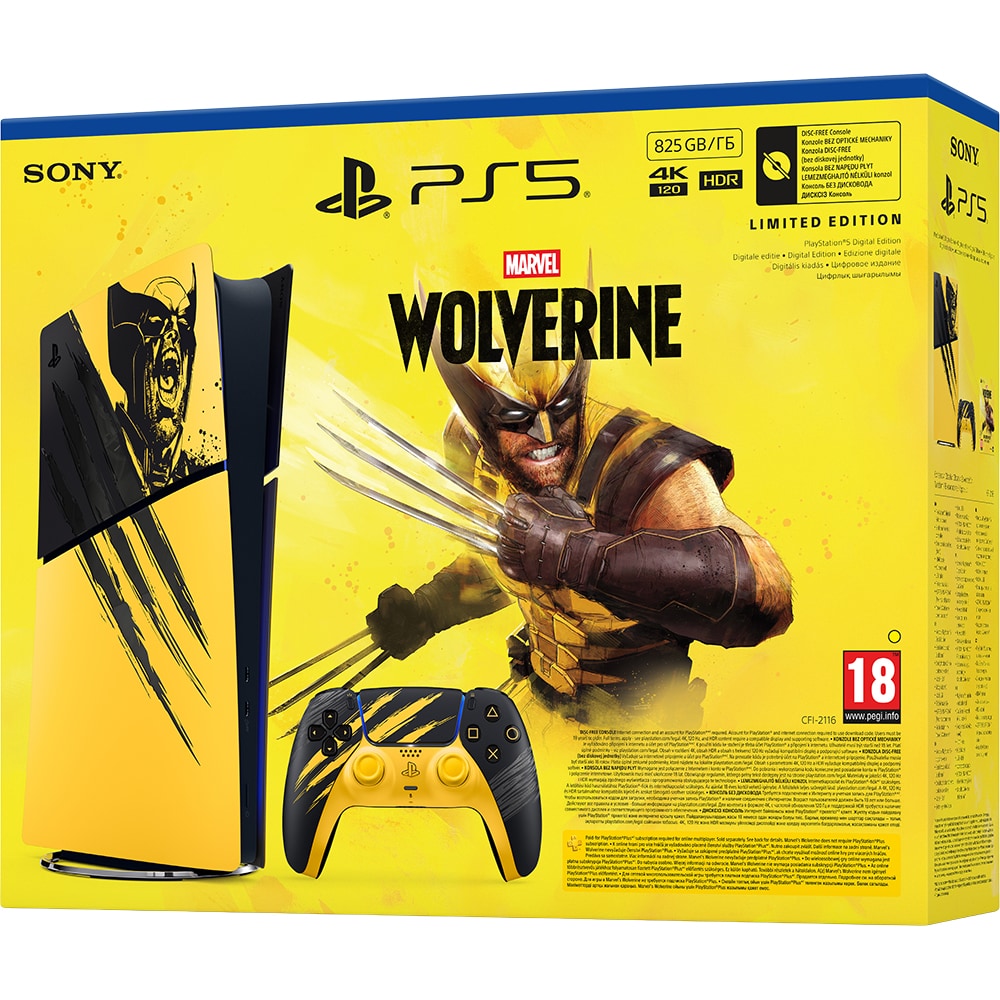 Consola PlayStation 5 Slim Digital Edition (PS5) 825GB, E-Chassis, Marvels Wolverine Battle Yellow Limited Edition Bundle