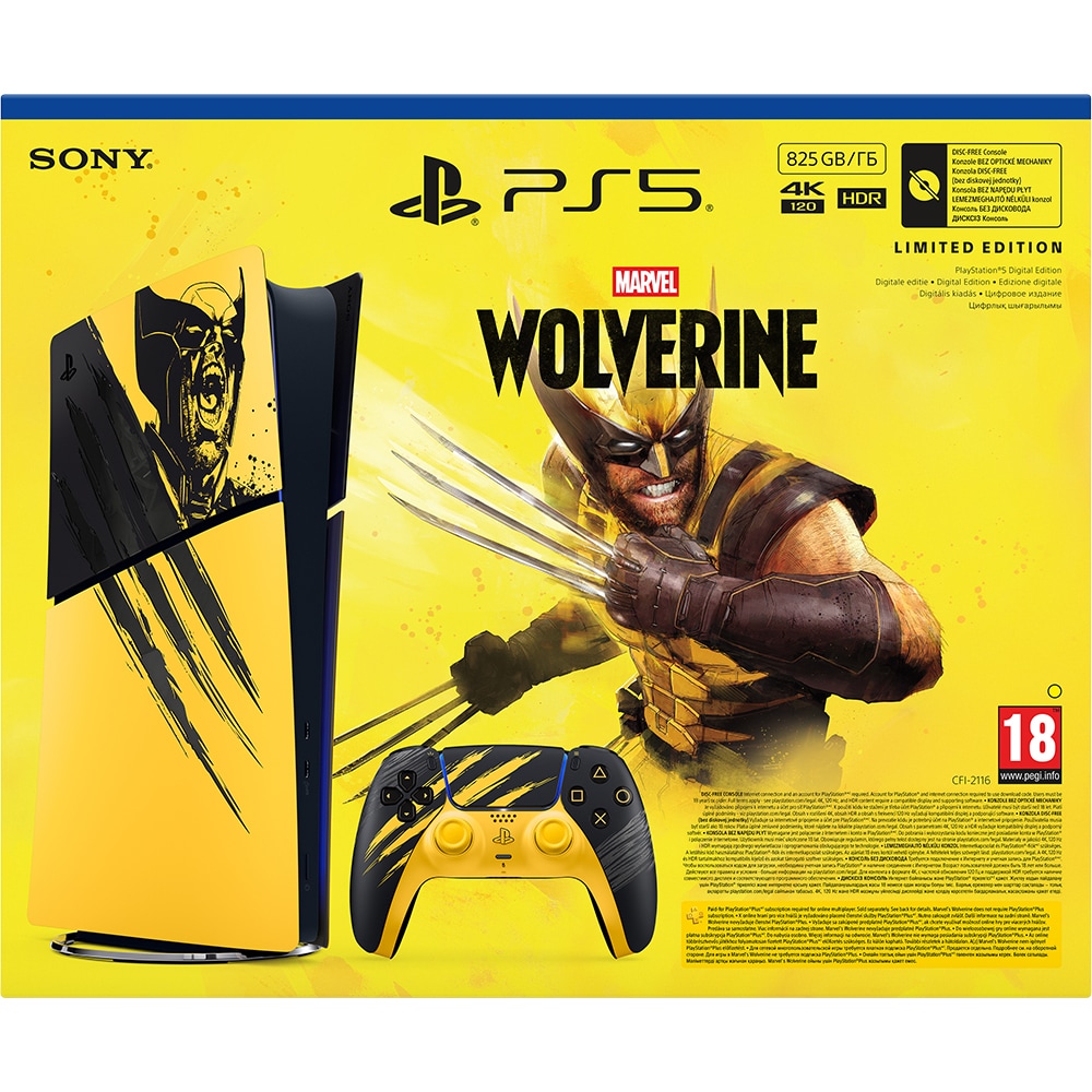 Consola PlayStation 5 Slim Digital Edition (PS5) 825GB, E-Chassis, Marvels Wolverine Battle Yellow Limited Edition Bundle