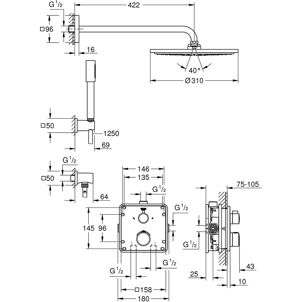 Sistem dus GROHE Grohtherm Perfect 310 34730000, termostat, 1 functie, crom