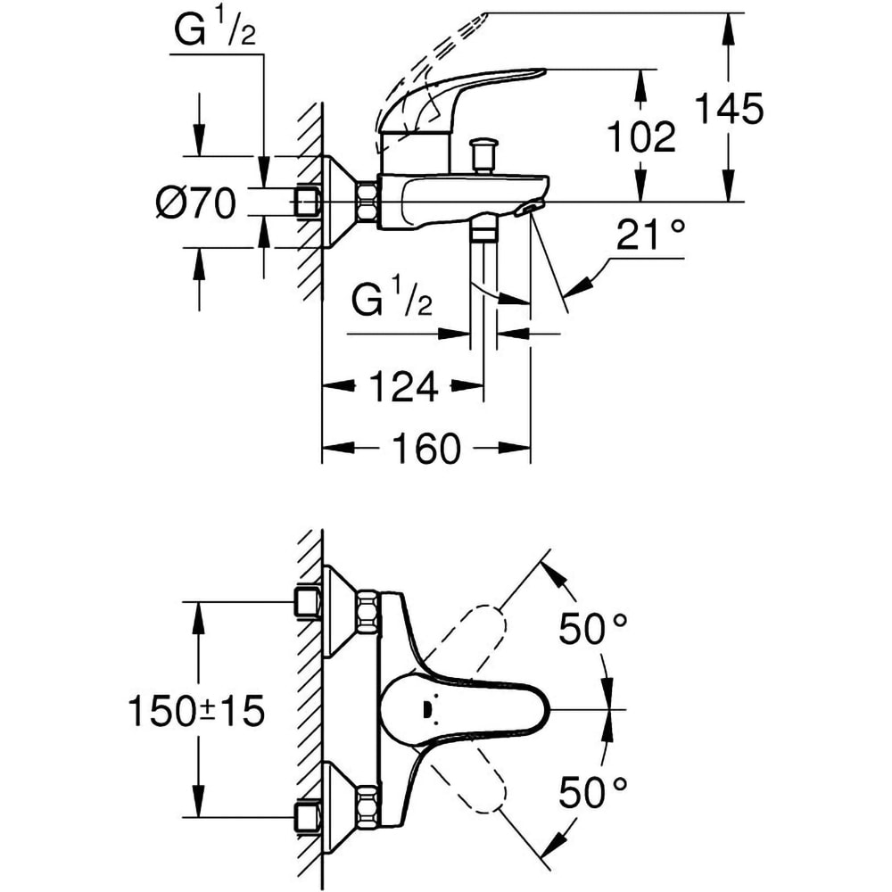 Baterie cada/dus GROHE Swift 23270000, monocomanda, alama, argintiu