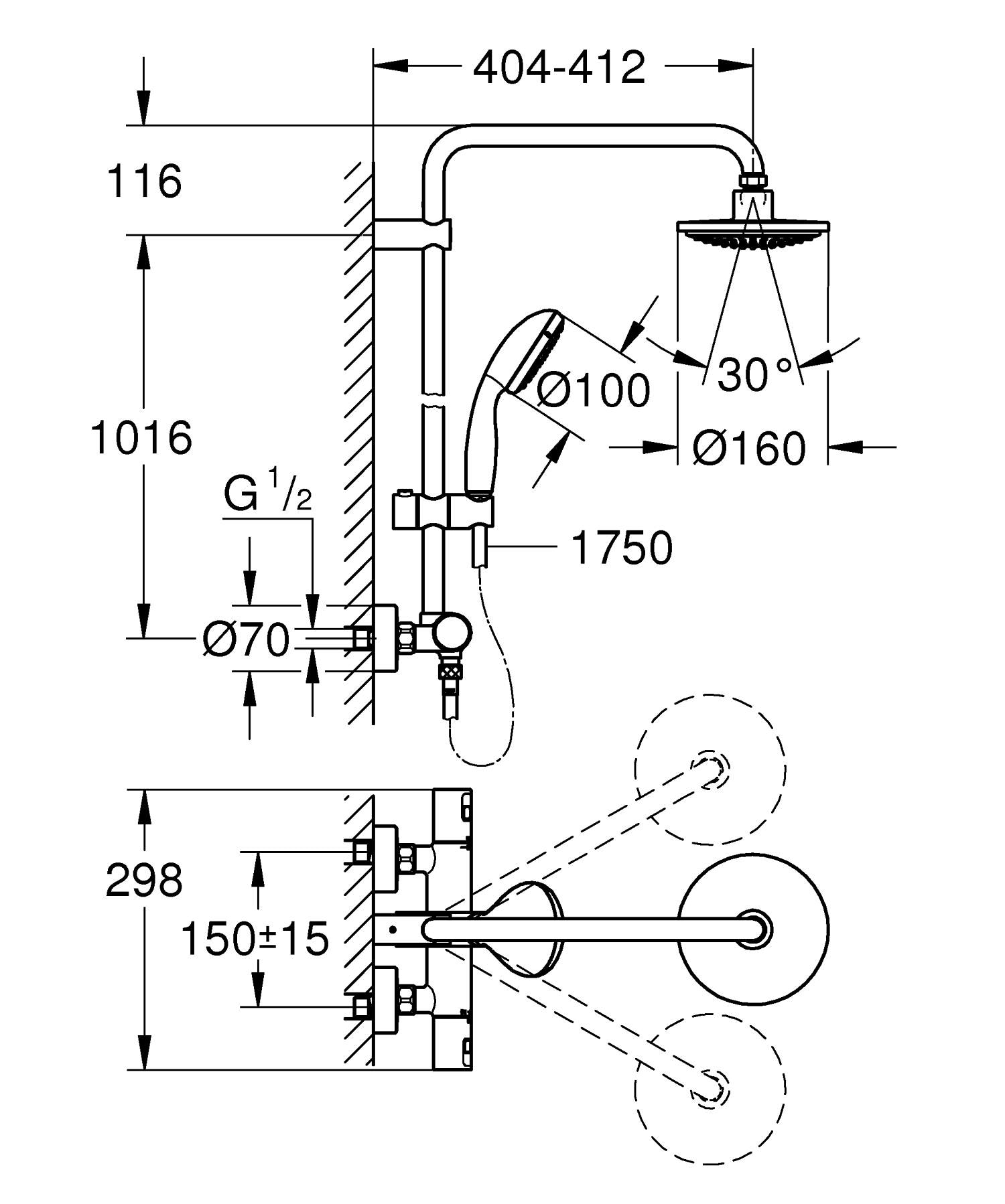 Set de dus reglabil Grohe Vitalio Start, baterie monocomanda, crom, cu termostat