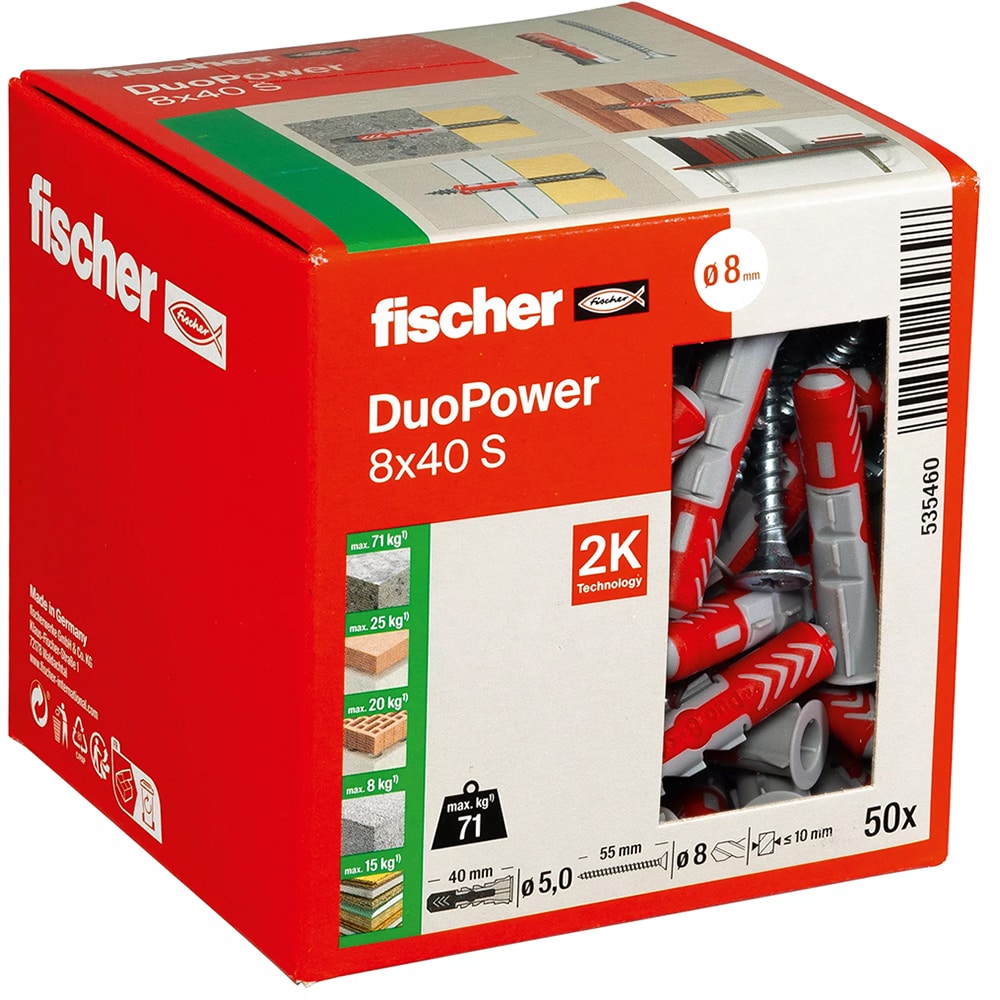 Diblu universal FISCHER DuoPower, nylon, cu surub, 8 x 40 mm, 50 bucati