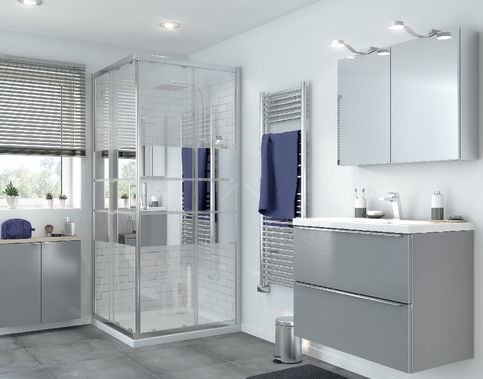 Cabina dus standard GoodHome Beloya, patrata, 90 x 90 x 195 cm, sticla oglinda, profil crom