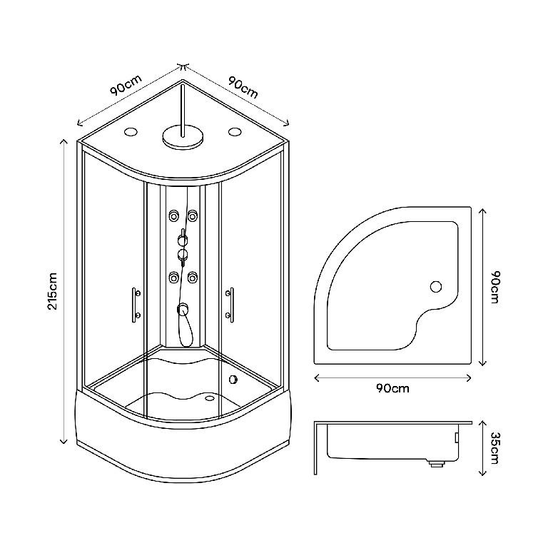 Cabina dus cu hidromasaj GoodHome Onega, semirotunda, 90 x 90 x 215 cm, sticla securizata, profil argintiu