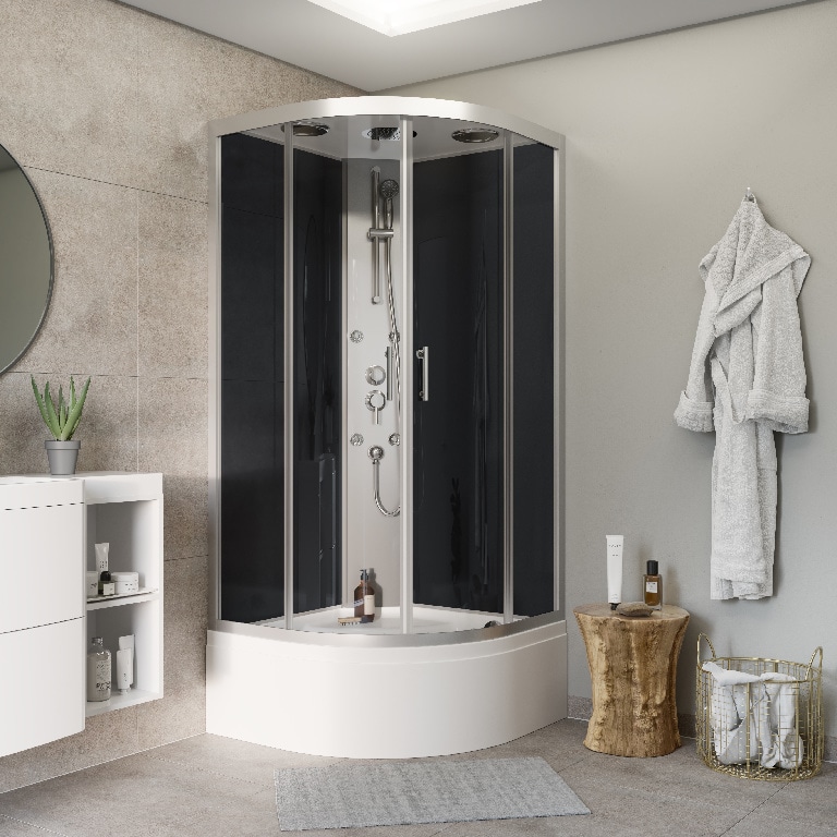 Cabina dus cu hidromasaj GoodHome Onega, semirotunda, 90 x 90 x 215 cm, sticla securizata, profil argintiu