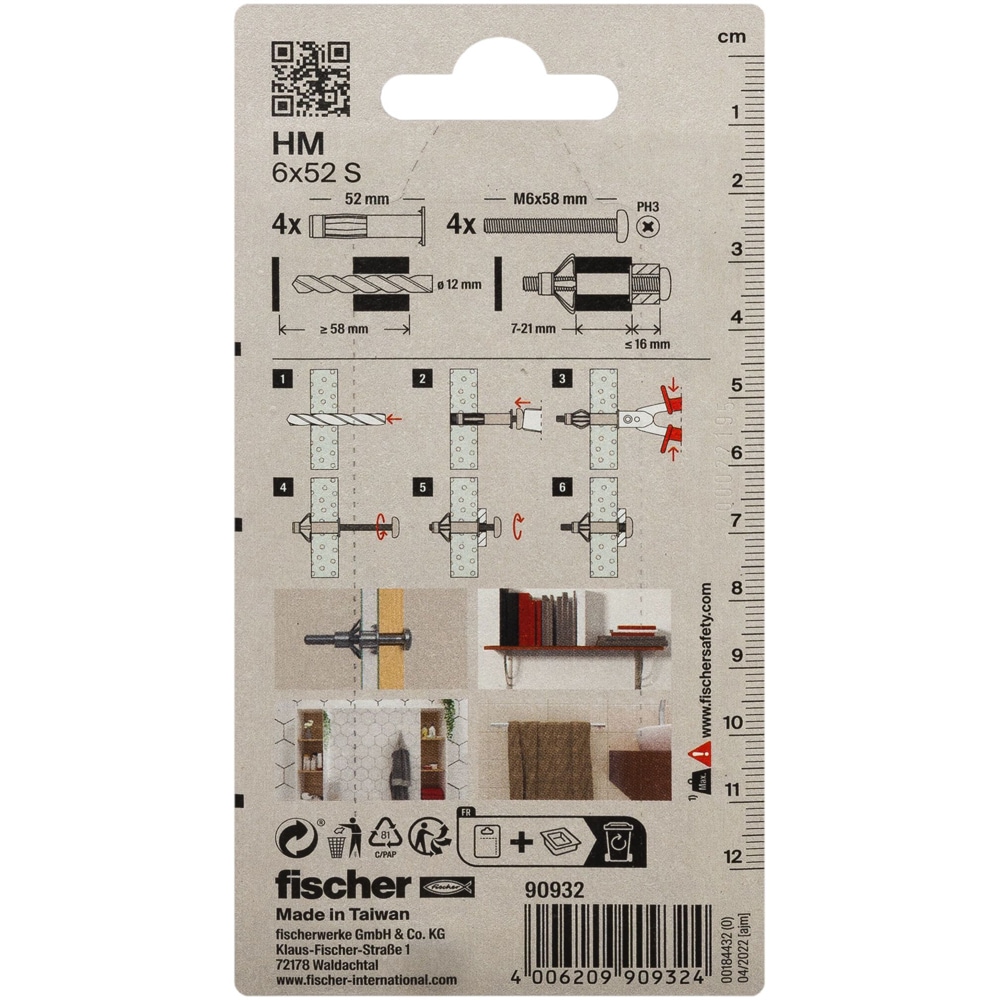 Diblu metalic pentru gips-carton FISCHER, 6 x 52 mm, 4 buc, argintiu