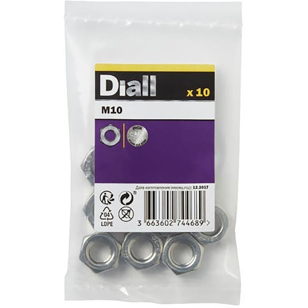 Piulita hexagonala M10 DIALL, otel inoxidabil A2, argintiu, 10 buc