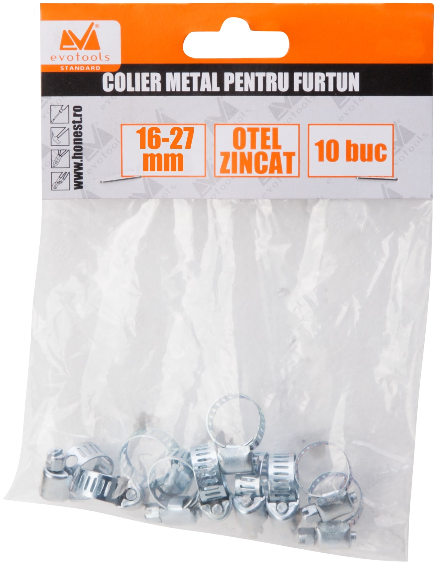 Colier metalic reglabil pt furtun EVOTOOLS, 16 - 27mm, argintiu, 10buc