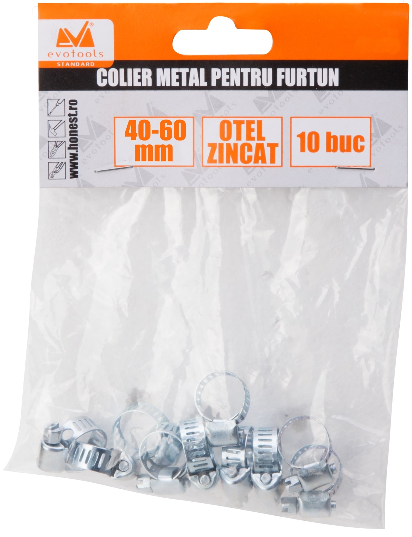Colier metalic reglabil pt furtun EVOTOOLS, 40 - 60mm, argintiu, 10buc