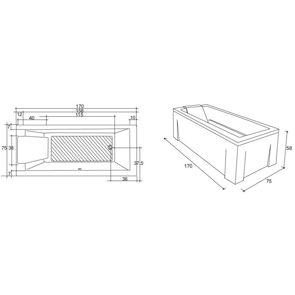 Cada simpla incastrabila KRING Roma, dreptunghiulara, 170 cm x 75 x 45 cm, acril, alb