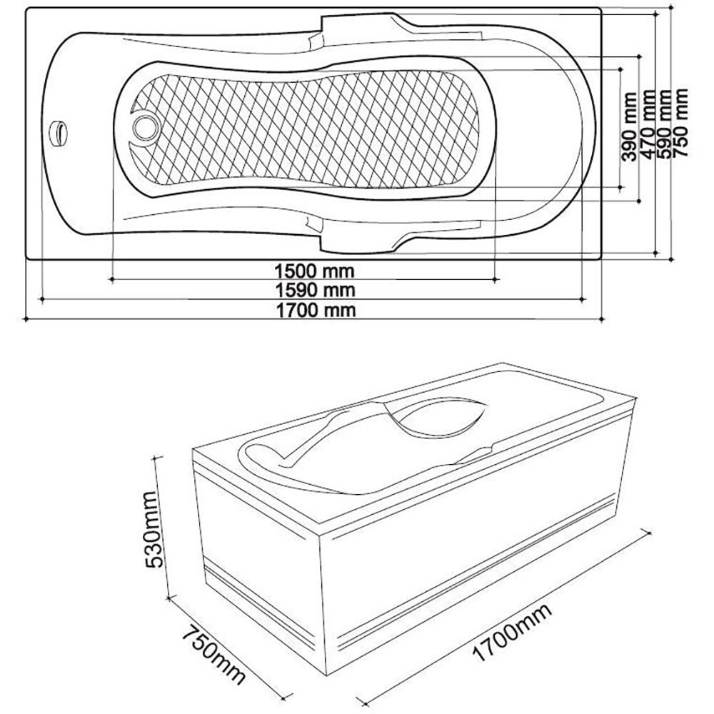 Cada simpla incastrabila KRING Siena, dreptunghiulara, 150 cm x 70 x 39 cm, acril, alb