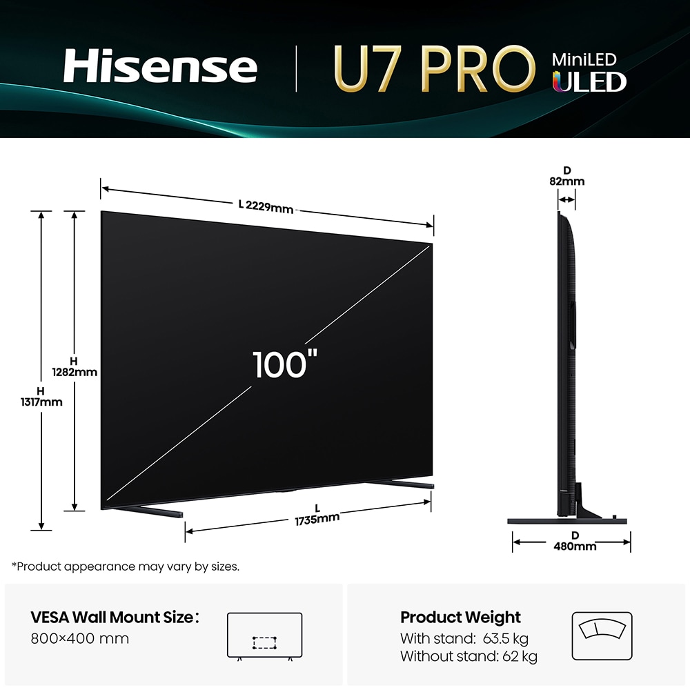 Televizor Mini-LED ULED Smart HISENSE 100U7Q PRO, Ultra HD 4K,253cm