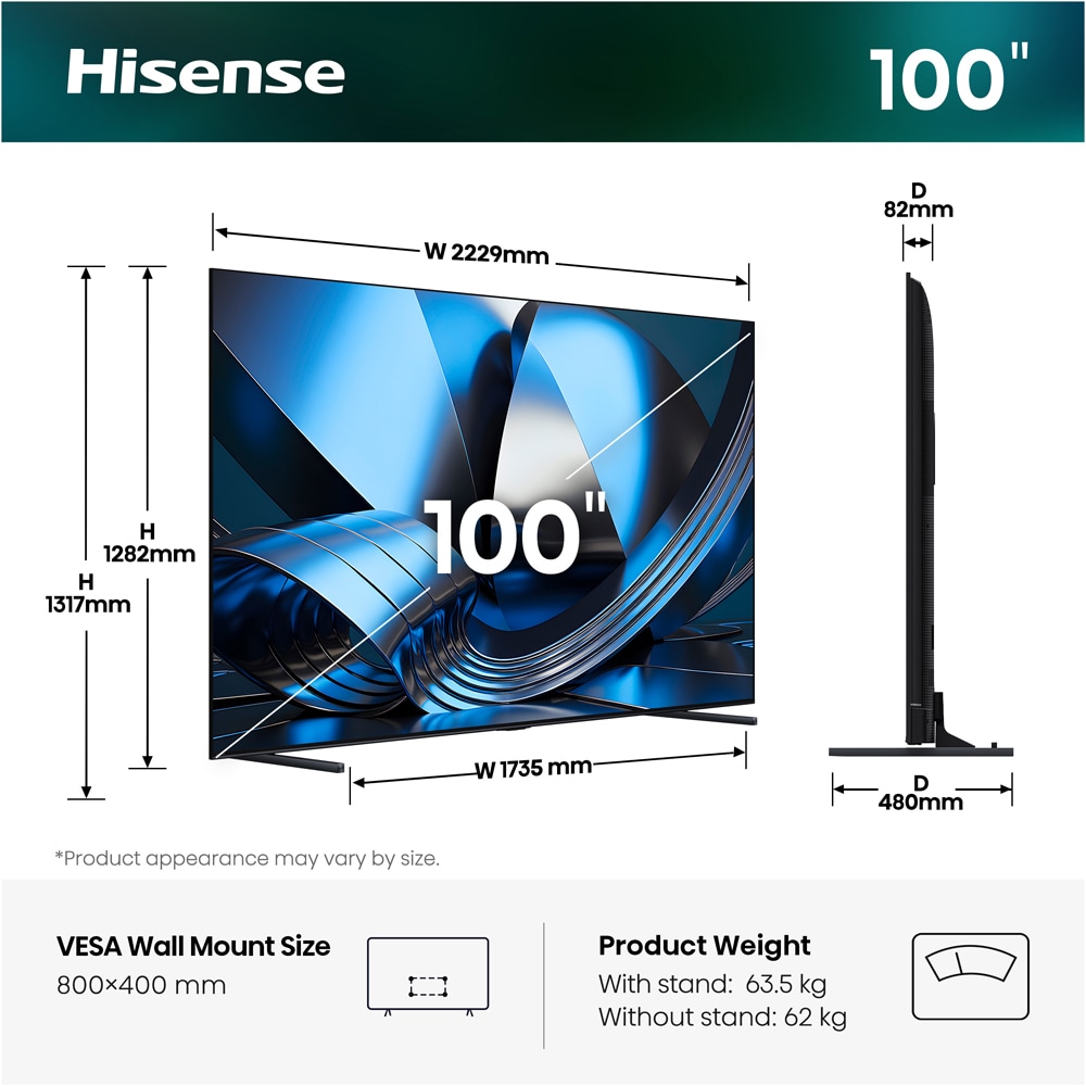 Televizor Mini-LED ULED Smart HISENSE 100U7S, Ultra HD 4K, HDR, 253cm