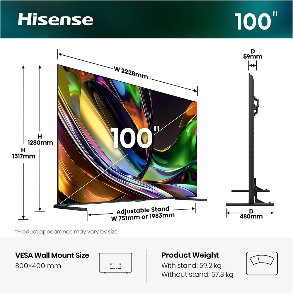 Televizor RGB Mini-LED ULED  Smart HISENSE 100UR8S, Ultra HD 4K, HDR, 253cm