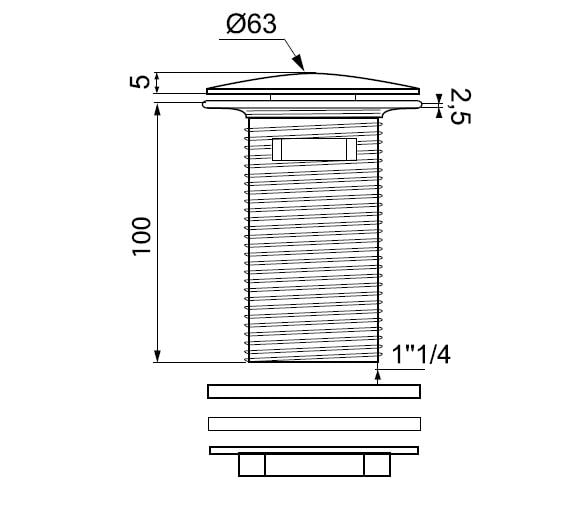Ventil WIRQUIN quick-clack cu preaplin, 100 mm, crom