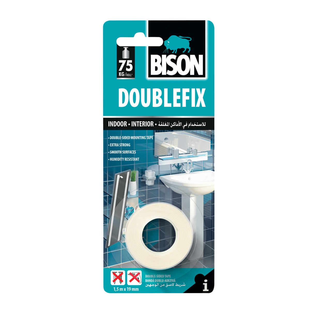 Banda dubla adeziva Bison, 19 mm x 1.5 m, alb