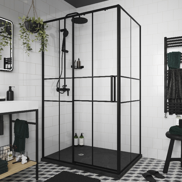 Usa glisanta pentru dus GOODHOME Ahti, 195 x 120 cm, sticla, transparent si negru