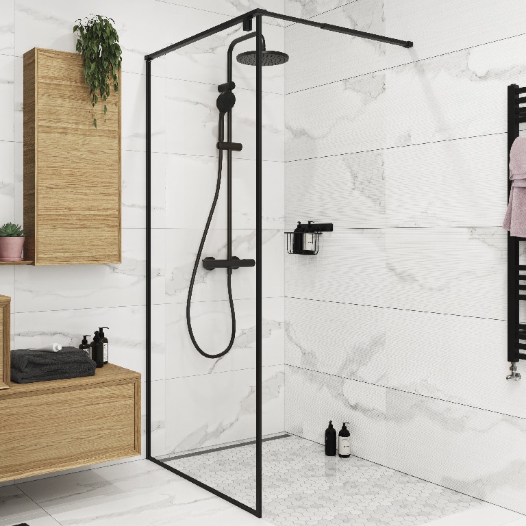 Paravan dus walk-in GoodHome Ezili, aluminiu, sticla securizata 6mm, 100 x 195 cm, negru