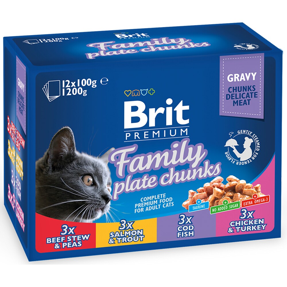 Hrana umeda pentru pisici BRIT Premium Family plate chunks, Adult, Mix, 12 x 100g