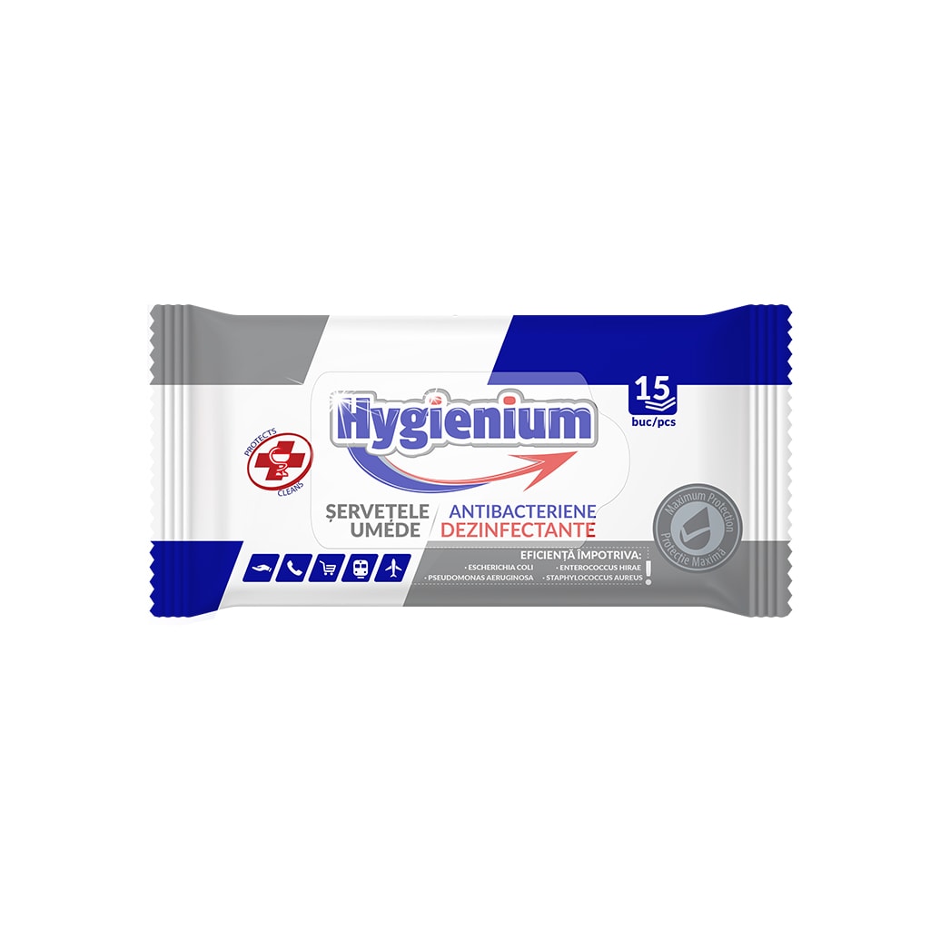 Servetele umede antibacteriene si dezinfectante HYGIENIUM, 15 bucati