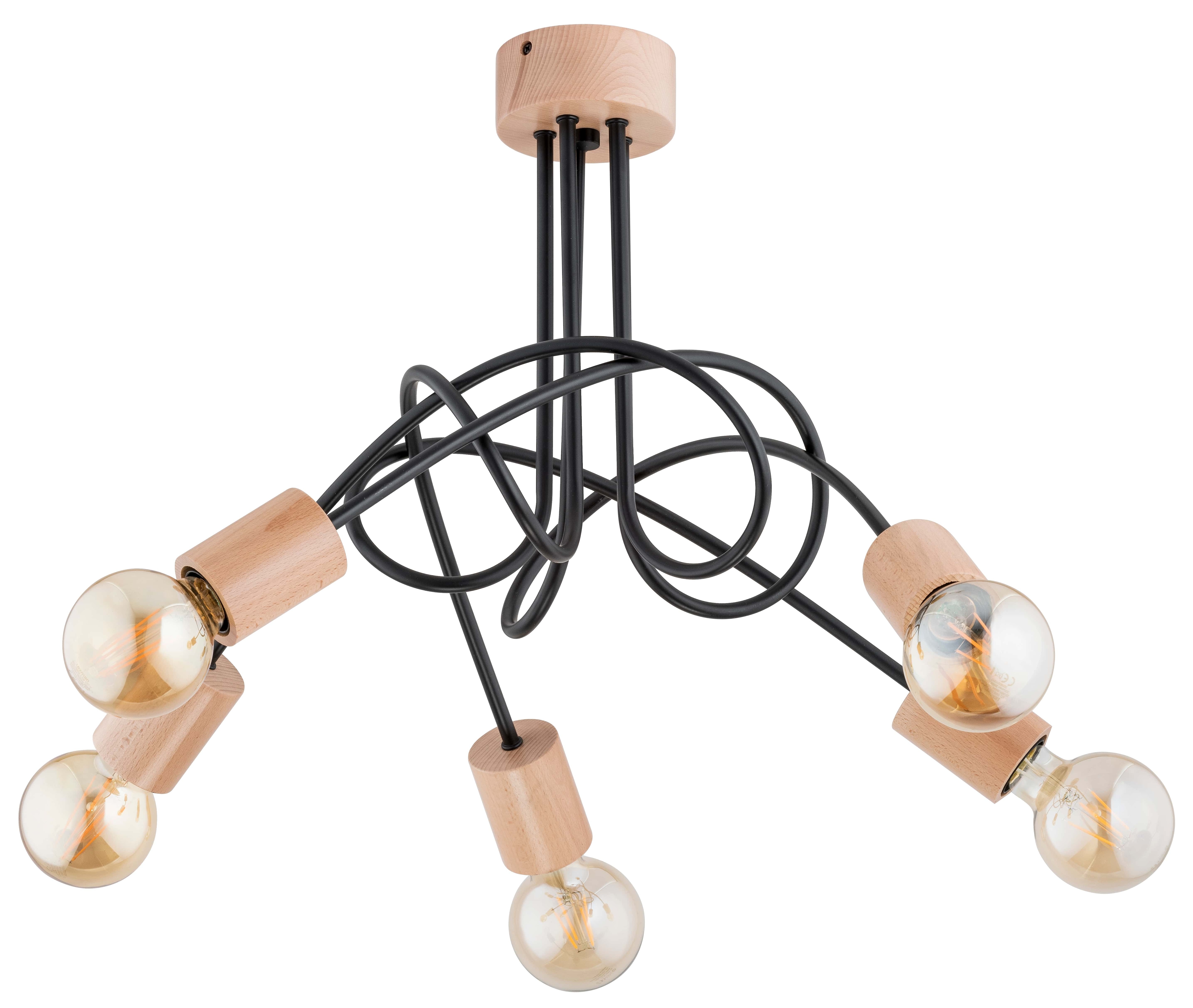 Plafoniera, 5 x 60 W, negru, otel si lemn  Alfa Tango