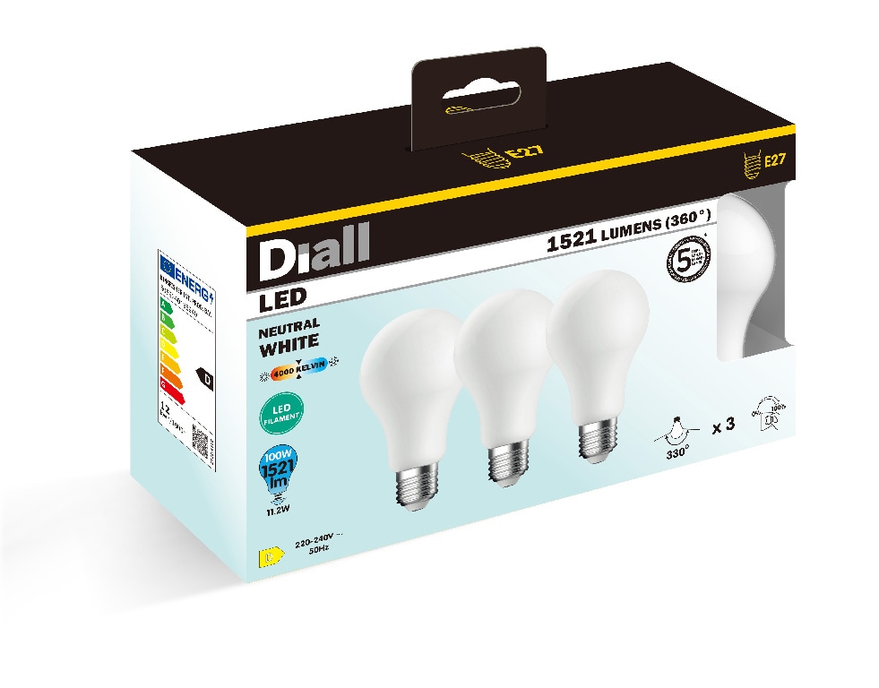 Set 3 becuri LED DIALL, E27, 11.2W, 1521lm, 4000K