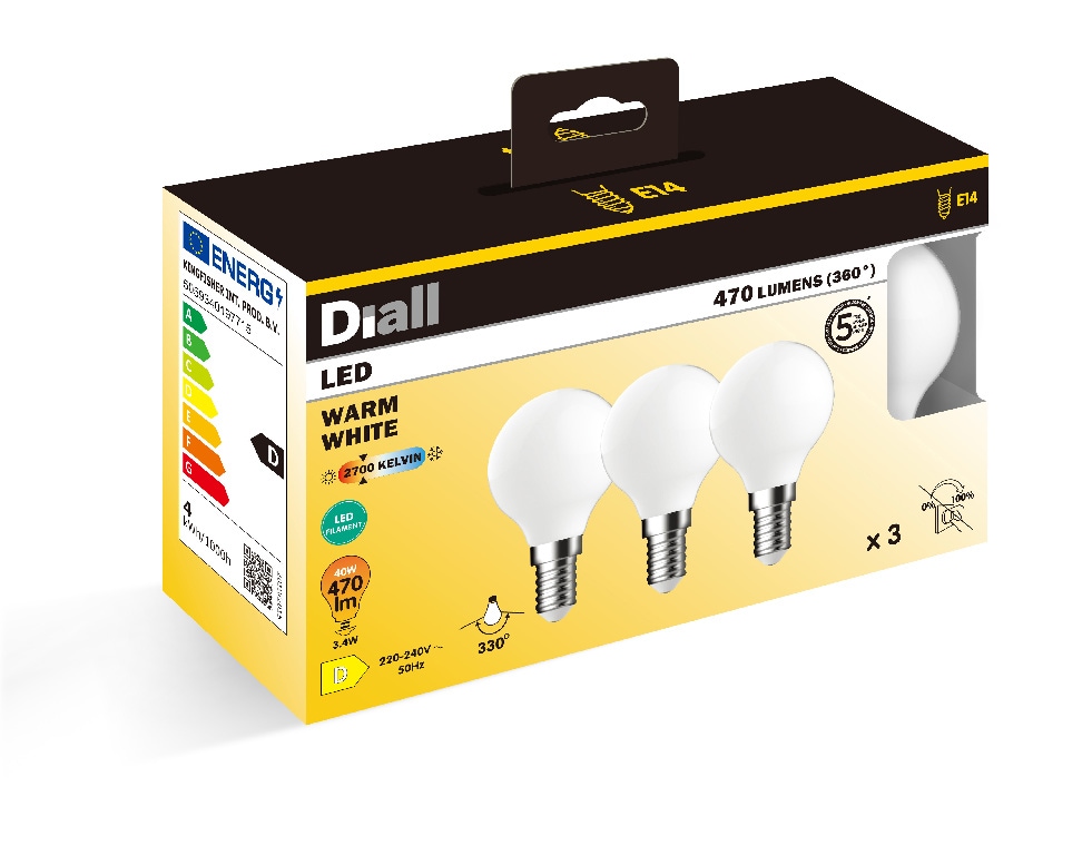 Set 3 becuri LED DIALL, E14, 3.4W, 470lm, 2700K
