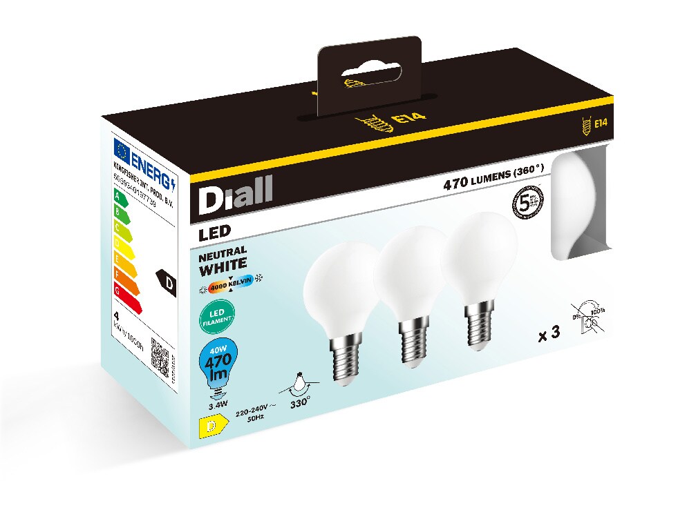 Set 3 becuri LED DIALL, E14, 3.4W, 470lm, 4000K