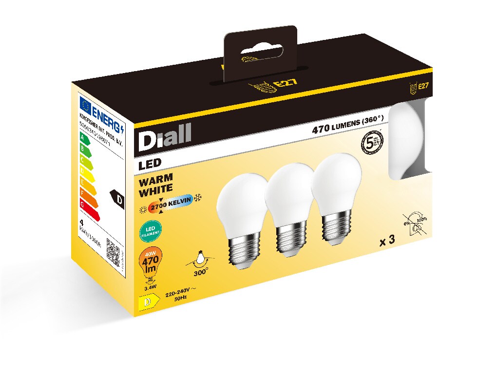 Set 3 becuri LED DIALL, E27, 3.4W, 470lm, 2700K