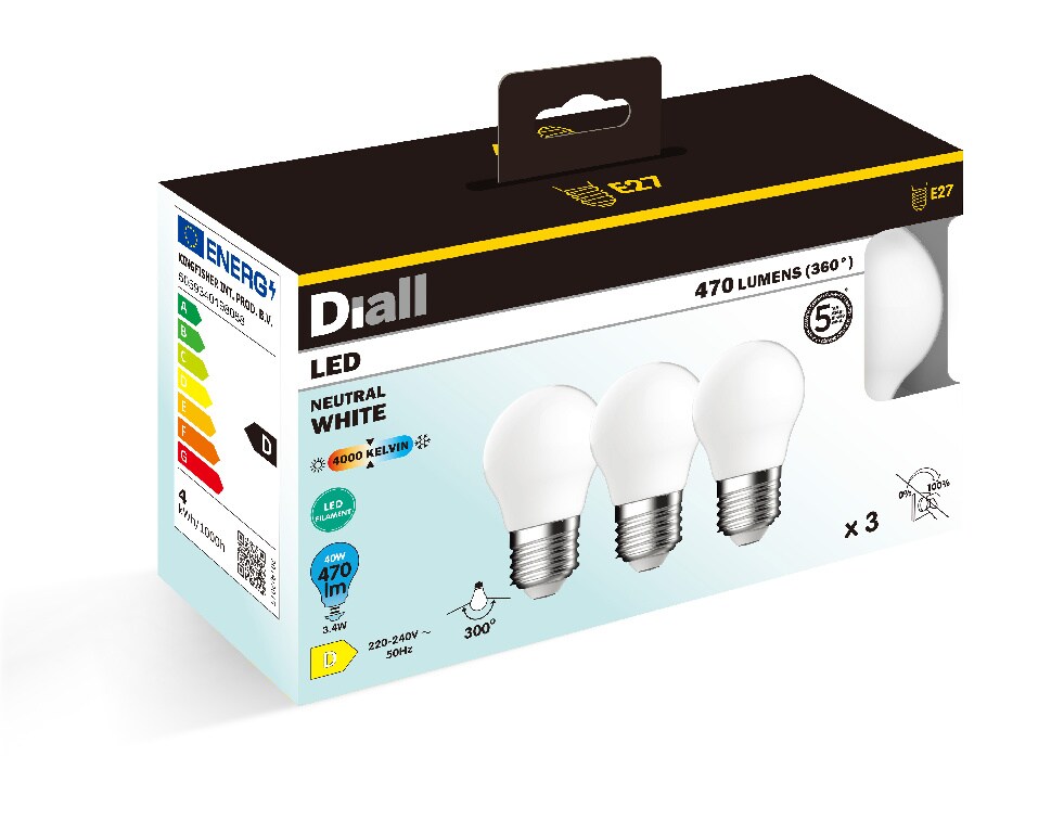 Set 3 becuri LED DIALL, E27, 3.4W, 470lm, 4000K