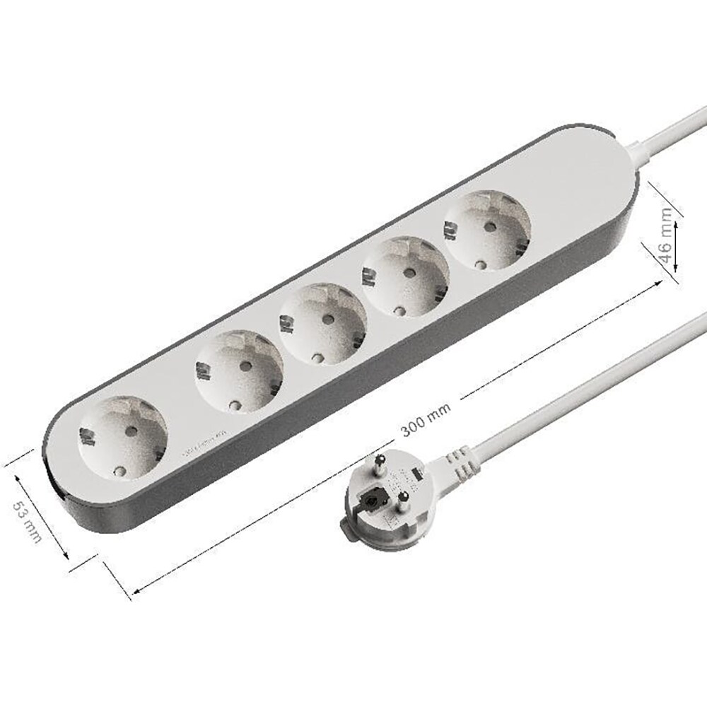 Prelungitor JACOBSEN, 4 prize Schuko, 3 m, 1.5 mm, cu intrerupator, alb/gri