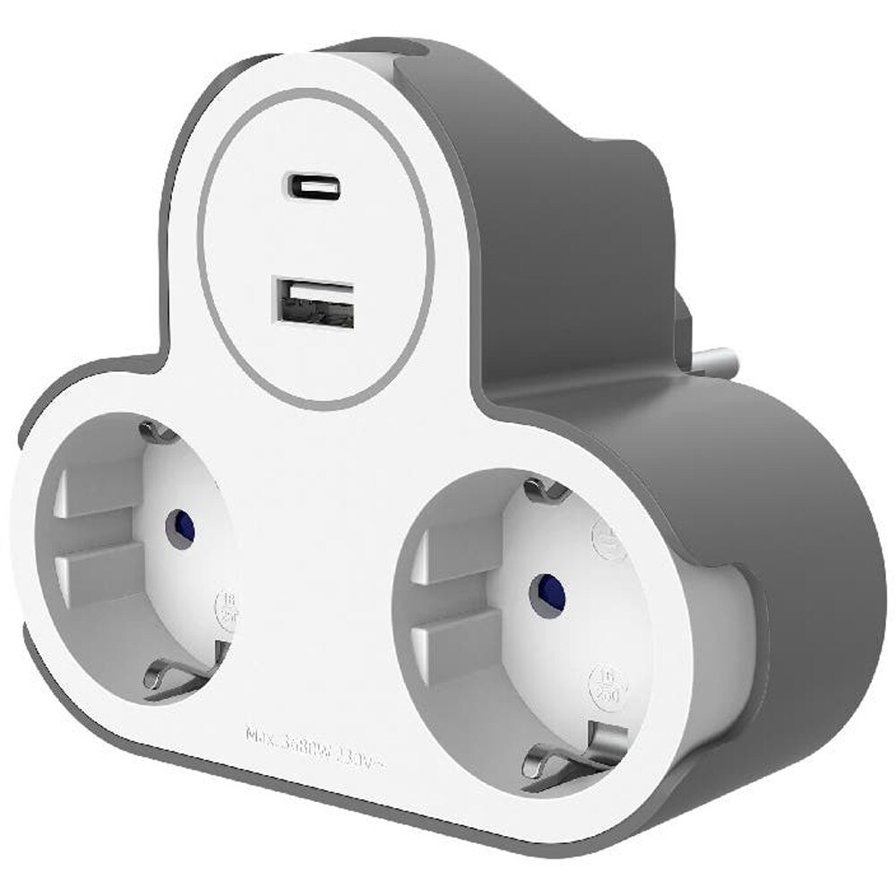 Adaptor priza Jacobsen, 3 prize, 2 USB, 16A, alb-gri
