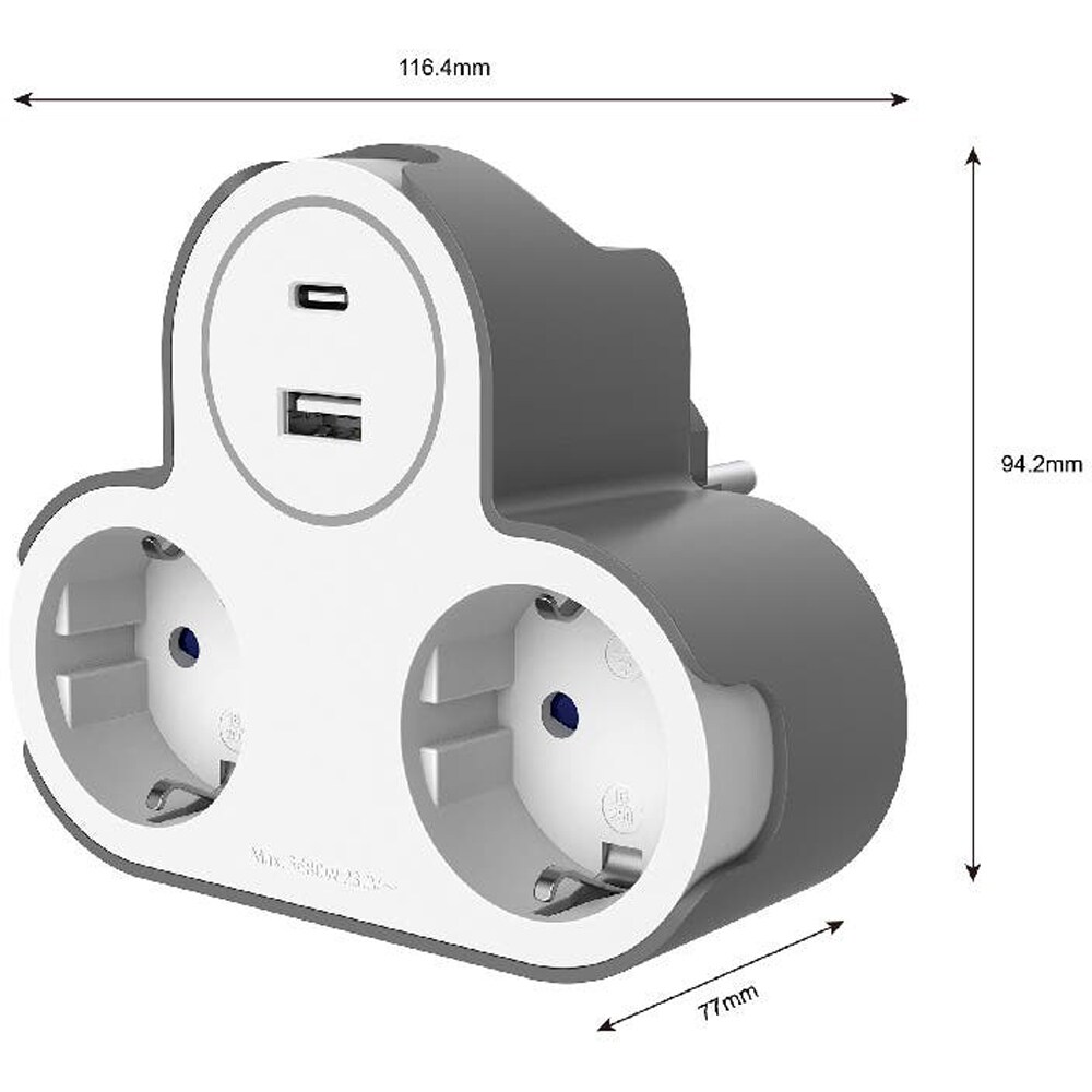 Adaptor priza Jacobsen, 3 prize, 2 USB, 16A, alb-gri