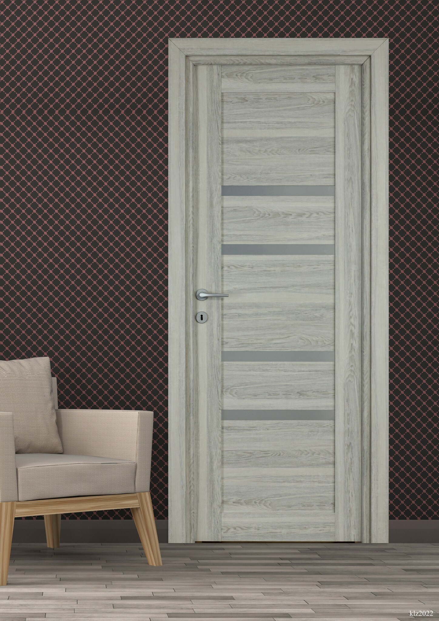 Usa interior Bella, cu geam, reversibila, MDF, 88 x 203 cm, gri deschis