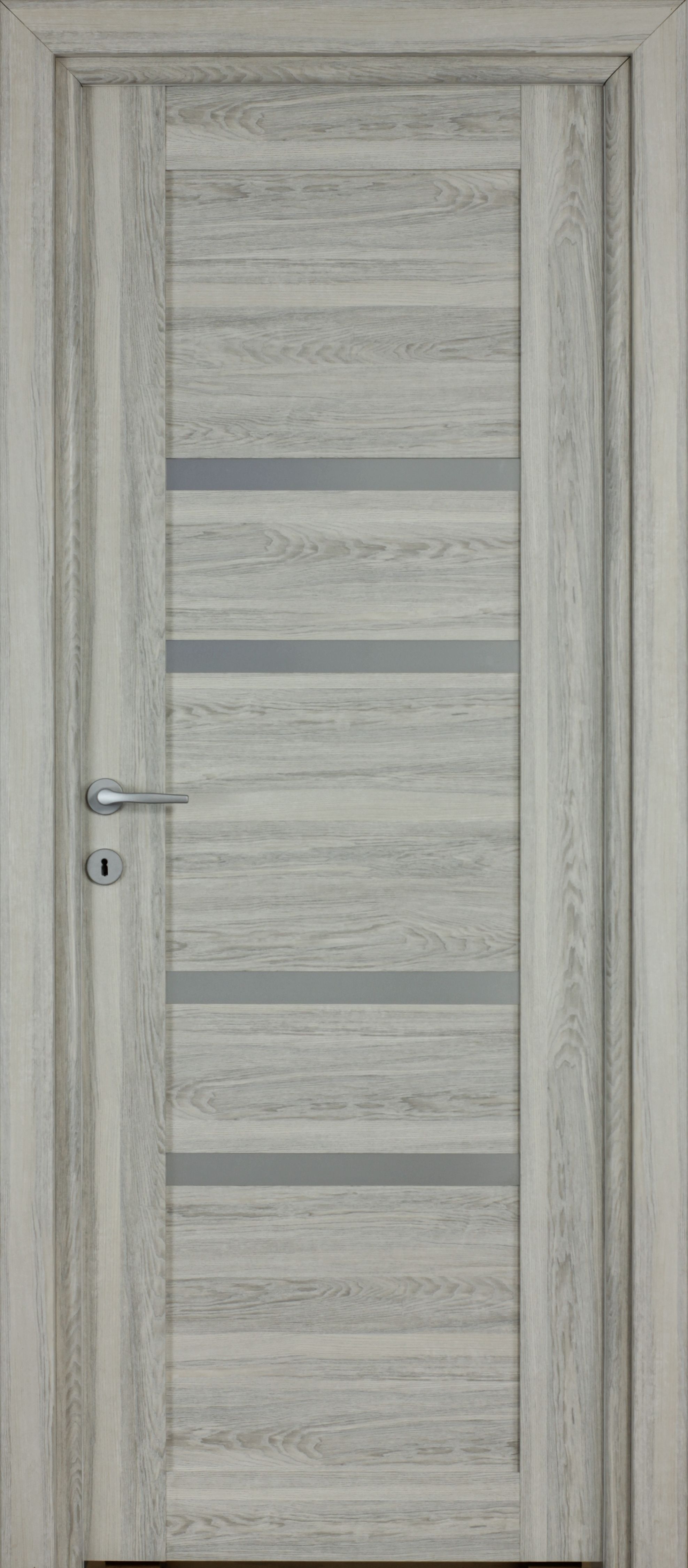 Usa interior Bella, cu geam, reversibila, MDF, 88 x 203 cm, gri deschis
