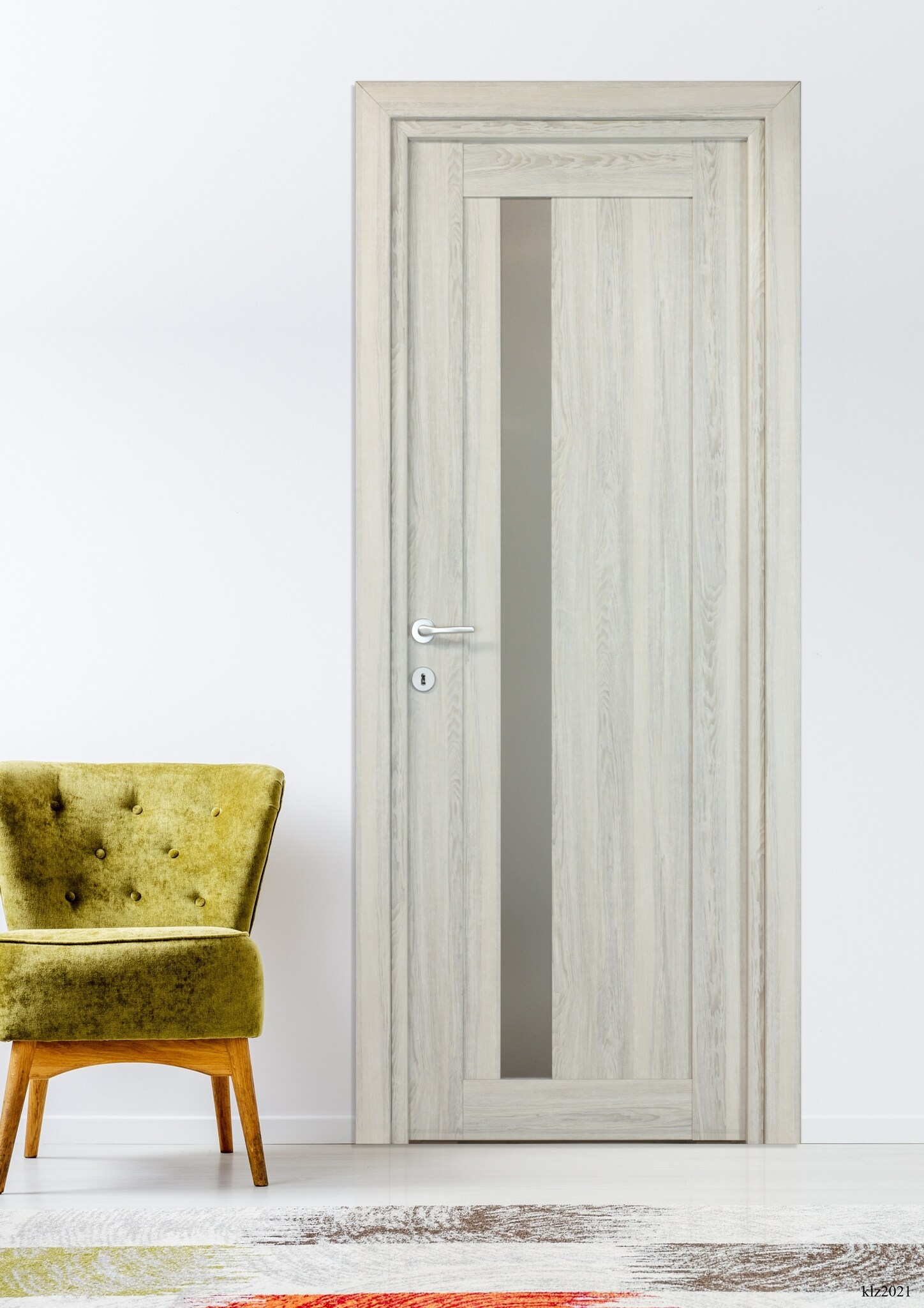 Usa interior Maya, cu geam, reversibila, MDF, 88 x 203 cm, gri deschis