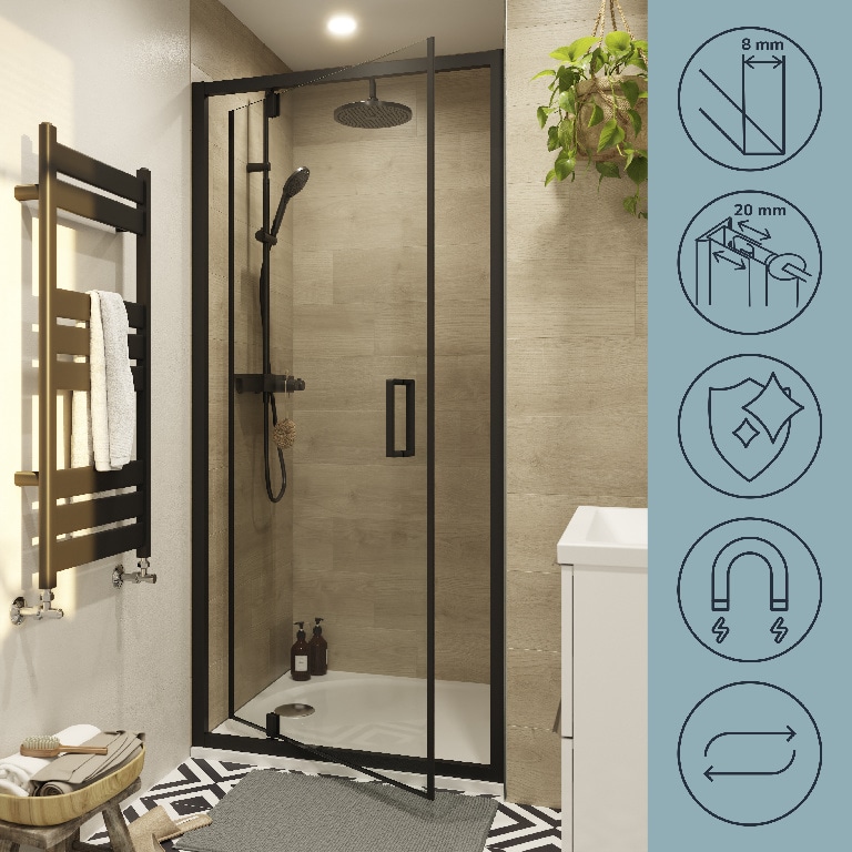 Usa semi pivotanta pentru dus GOODHOME Ledava, 90 x 195 cm, sticla si aluminiu, transparent/negru