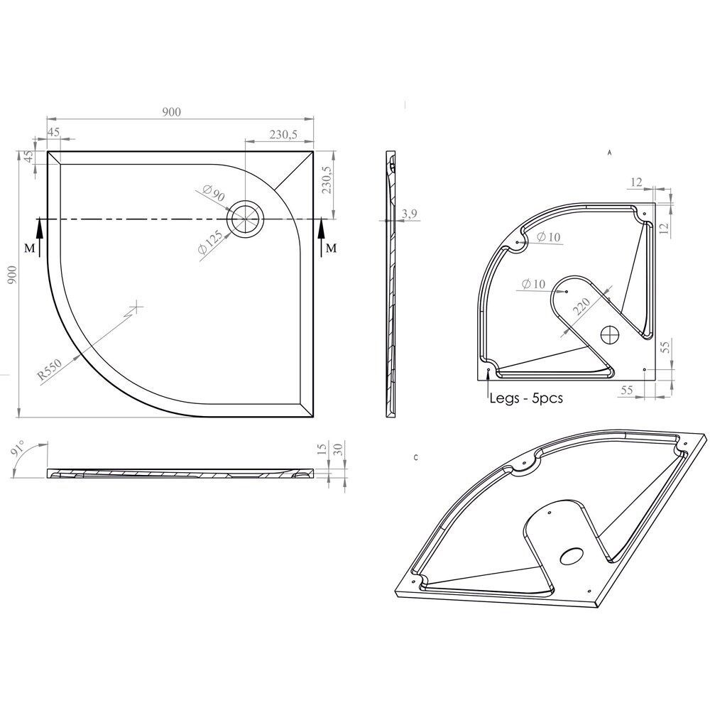 Cadita dus GOODHOME Cavally, semirotunda, compozit pe baza de rasina, 90 x 90 x 3 cm, alb