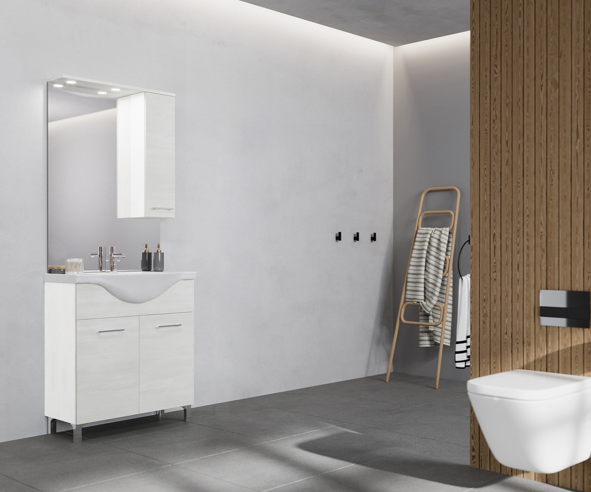 Baza cu lavoar, oglinda cu dulapior si spoturi Led  Savini Due, Terra