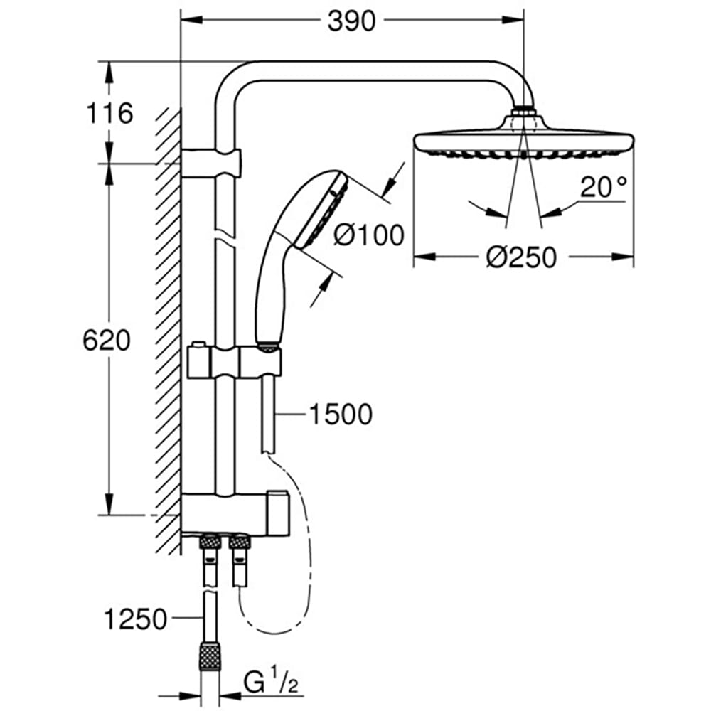 Sistem de dus flexibil cu divertor GROHE Vitalio Start250, cap dus 25 cm, brat 39 cm, montaj pe perete, metal, crom