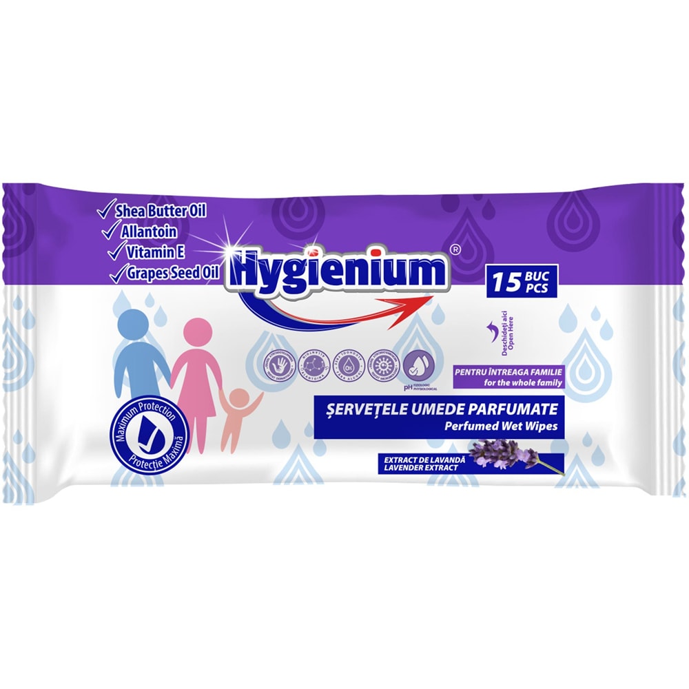 Servetele umede antibacteriene HYGIENIUM Lavanda, 15 bucati