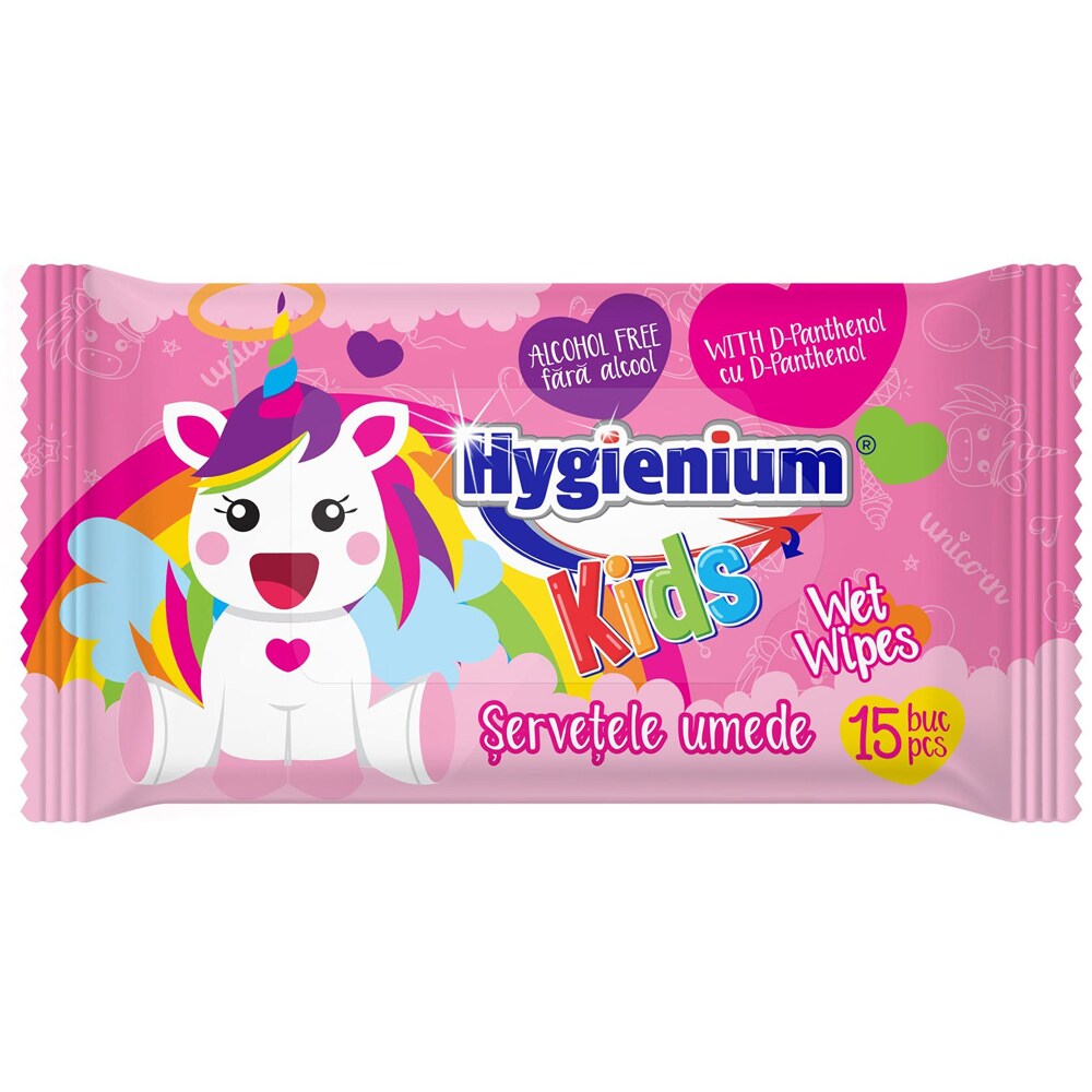 Servetele umede antibacteriene HYGIENIUM Kids Unicorn Pink, 15 bucati
