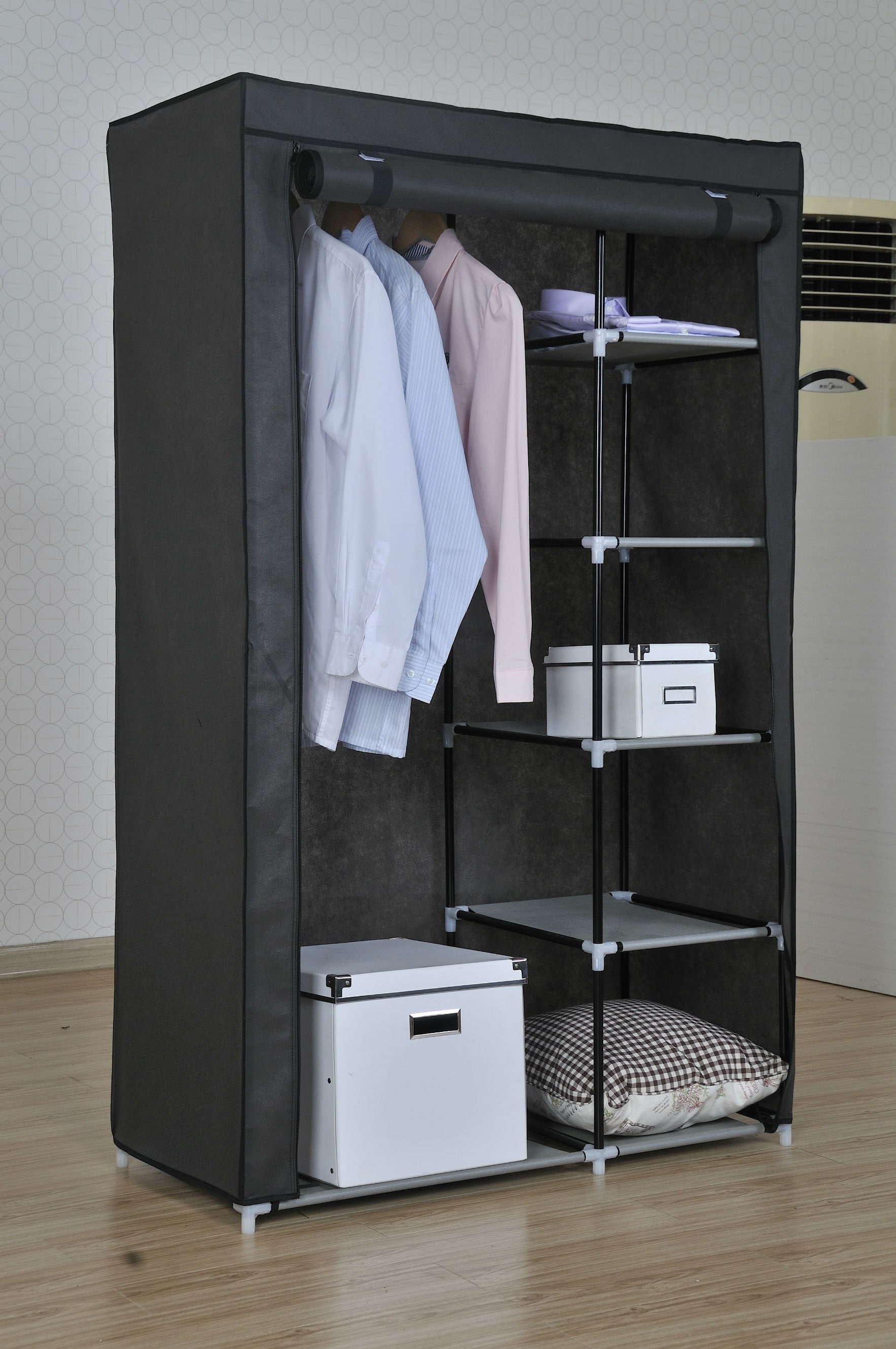 Dulap portabil Unic Spot Ro, 2 fermoare, textil, 98.3 x 46 x 158 cm, negru