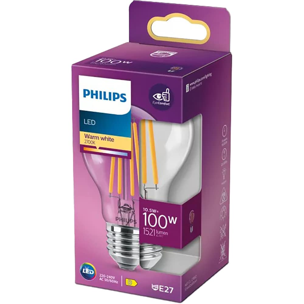 Bec filament PHILIPS A60, E27, 10.5W, 1520lm, lumina calda