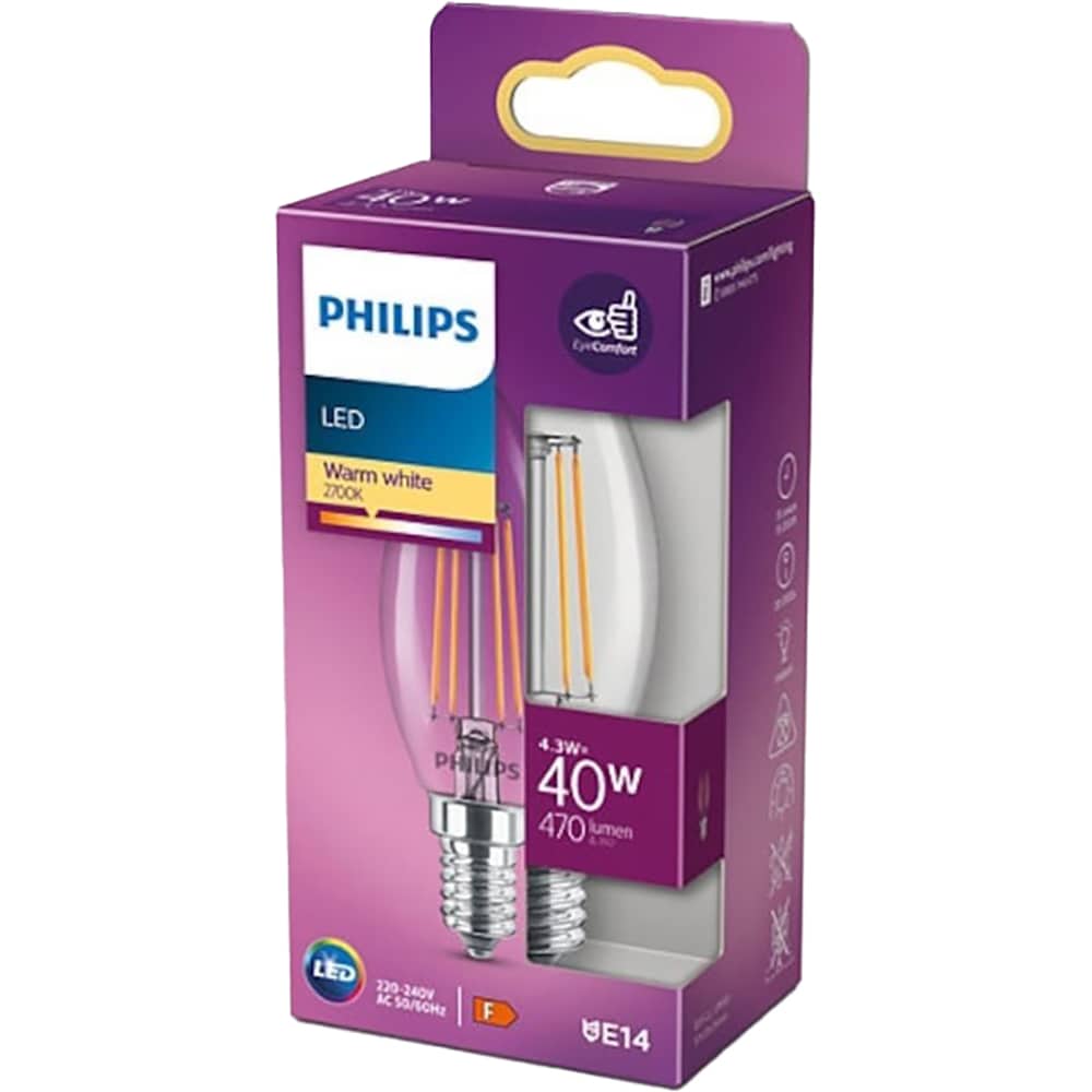 Bec filament PHILIPS Candle B35 PHILIPS, E14, 4.3W, 470lm, lumina calda